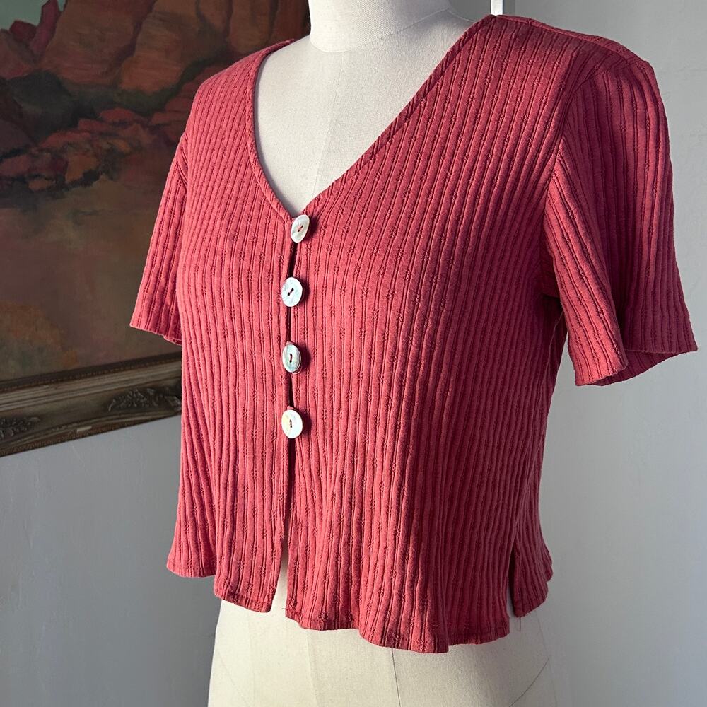 Vintage 90s Ribbed Button Top V Neck Minimalist Rachel Green Petite 8 S